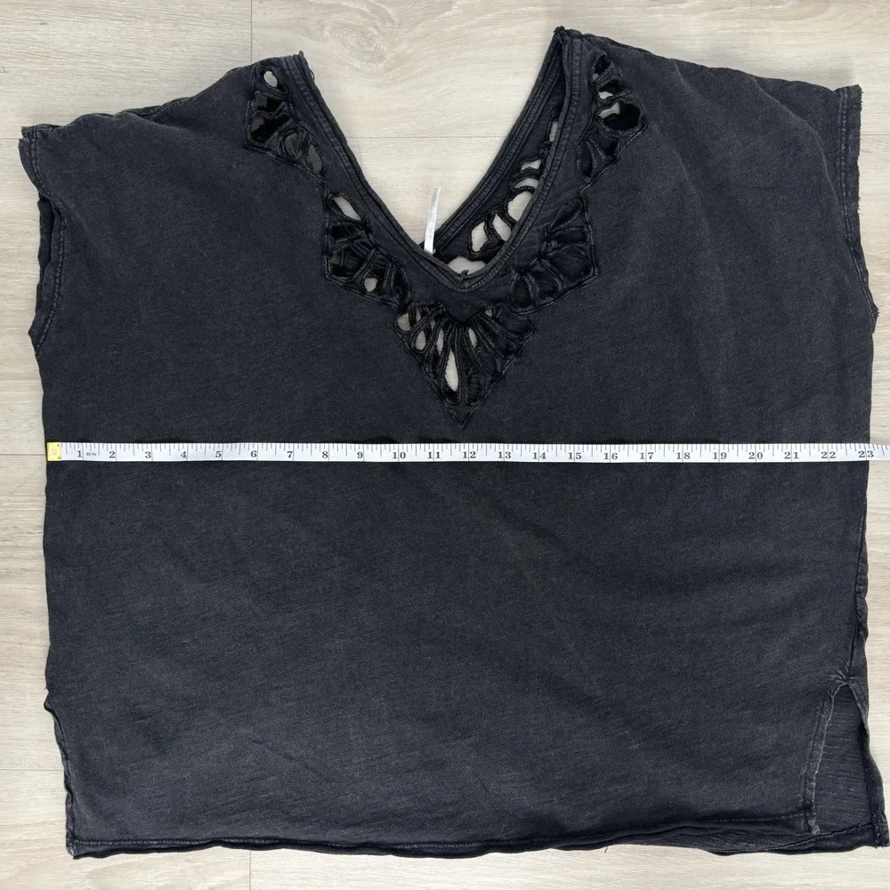 Free People Black Cutout Crochet Neck Short Sleeve Oversized Cotton Top Small